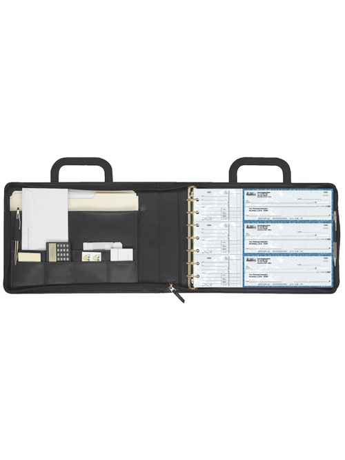 MSP Vegan Leather 7 Ring Business Check Binder Portfolio Briefcase -Professional PU Leather Binder with Retractable Handles, Zippered Closure -500 Check Capacity -9x13 Inch Sheets -Document & Card Organizer - Large Tablet Pocket - Black (050)