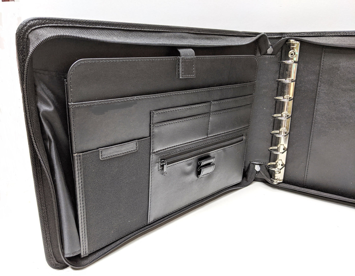 MSP Vegan Leather 7 Ring Business Check Binder Portfolio Briefcase -Professional PU Leather Binder with Retractable Handles, Zippered Closure -500 Check Capacity -9x13 Inch Sheets -Document & Card Organizer - Large Tablet Pocket - Black (050)