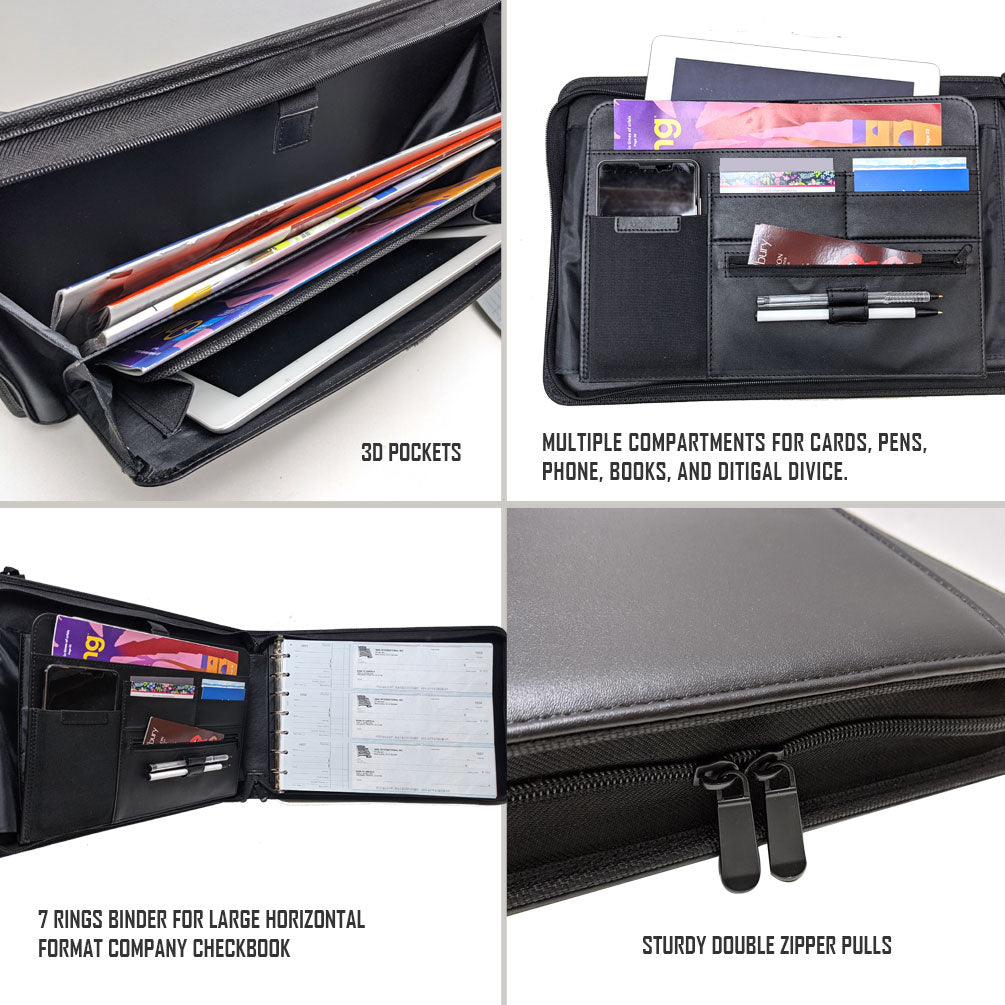 MSP Vegan Leather 7 Ring Business Check Binder Portfolio Briefcase -Professional PU Leather Binder with Retractable Handles, Zippered Closure -500 Check Capacity -9x13 Inch Sheets -Document & Card Organizer - Large Tablet Pocket - Black (050)