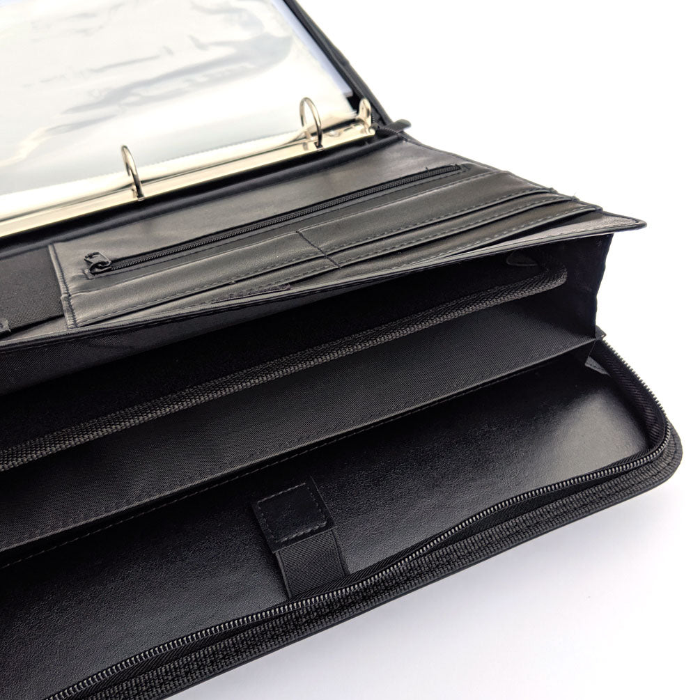 MSP Vegan Leather 7 Ring Business Check Binder Portfolio Briefcase -Professional PU Leather Binder with Retractable Handles, Zippered Closure -500 Check Capacity -9x13 Inch Sheets -Document & Card Organizer - Large Tablet Pocket - Black (050)